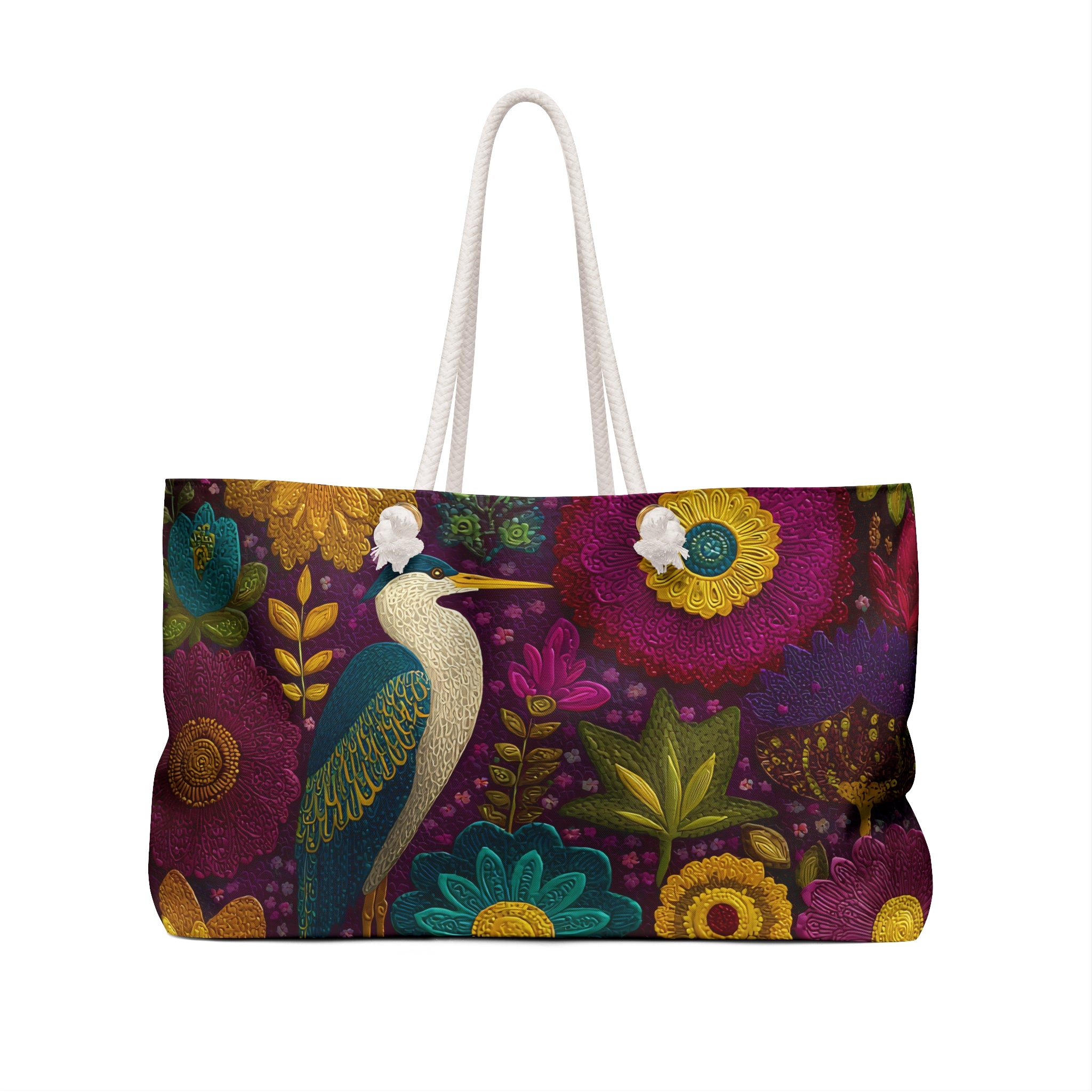 Floral Heron Weekender Bag — Boho Botanical Travel Tote