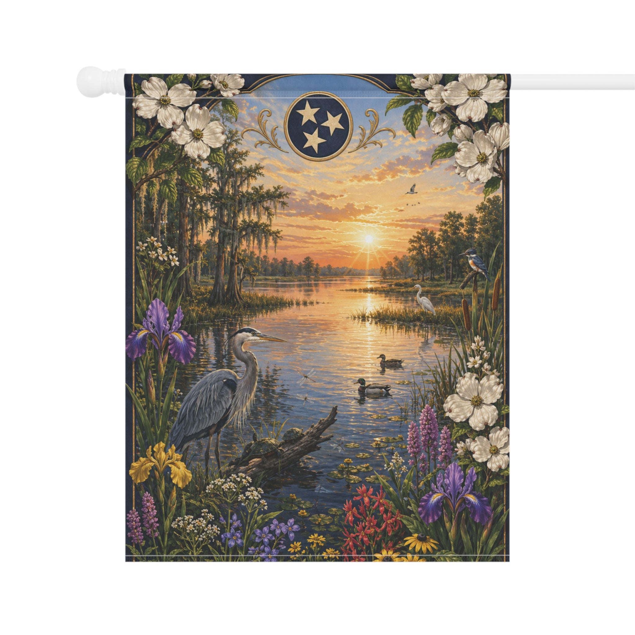 Garden Banner - Tranquil Sunrise Lake Scene with Heron & Wildflowers