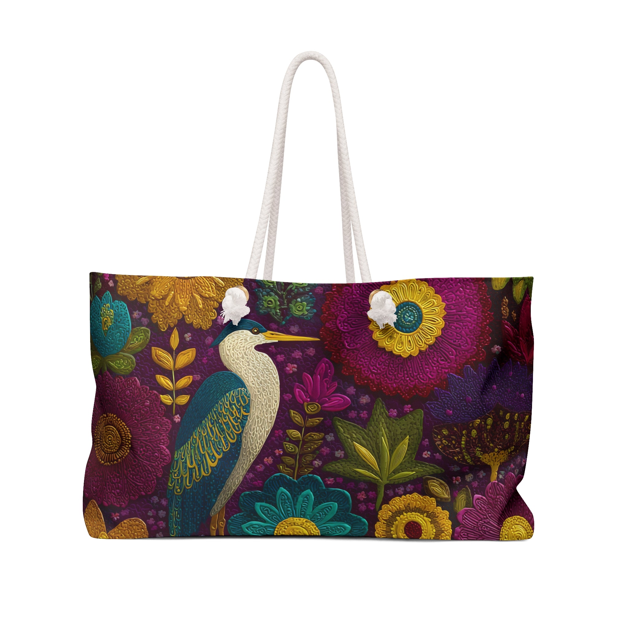 Floral Heron Weekender Bag — Boho Botanical Travel Tote