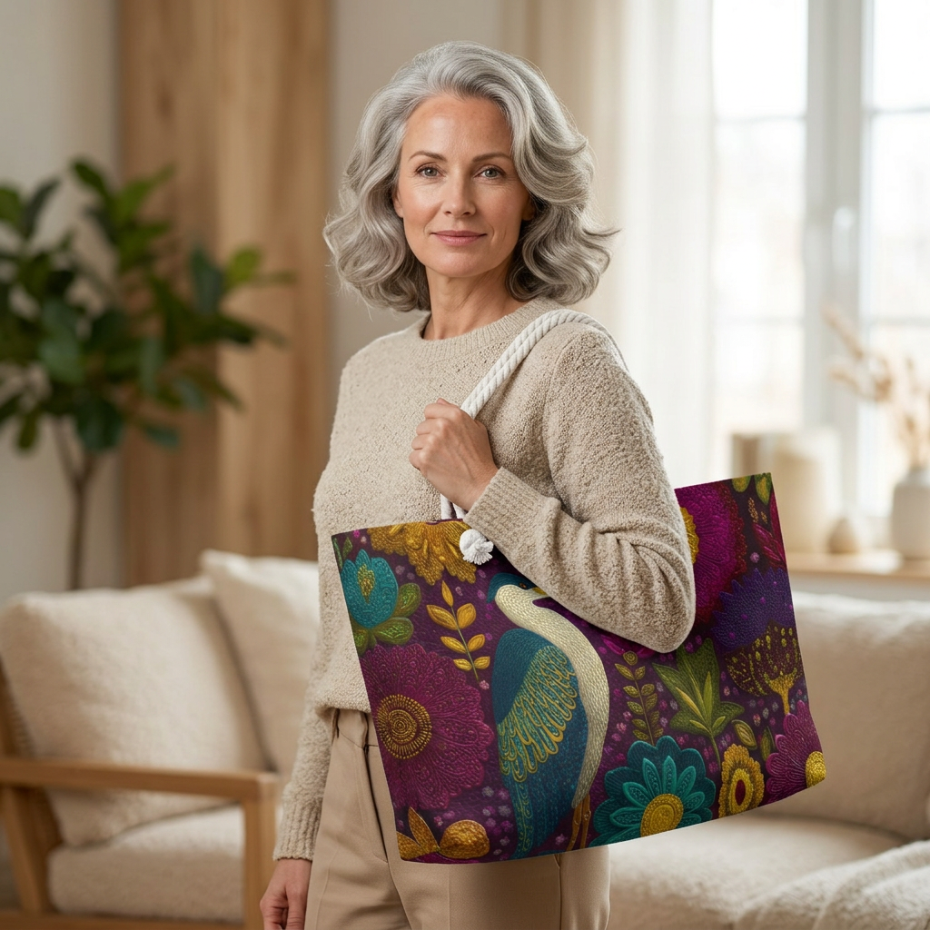 Floral Heron Weekender Bag — Boho Botanical Travel Tote