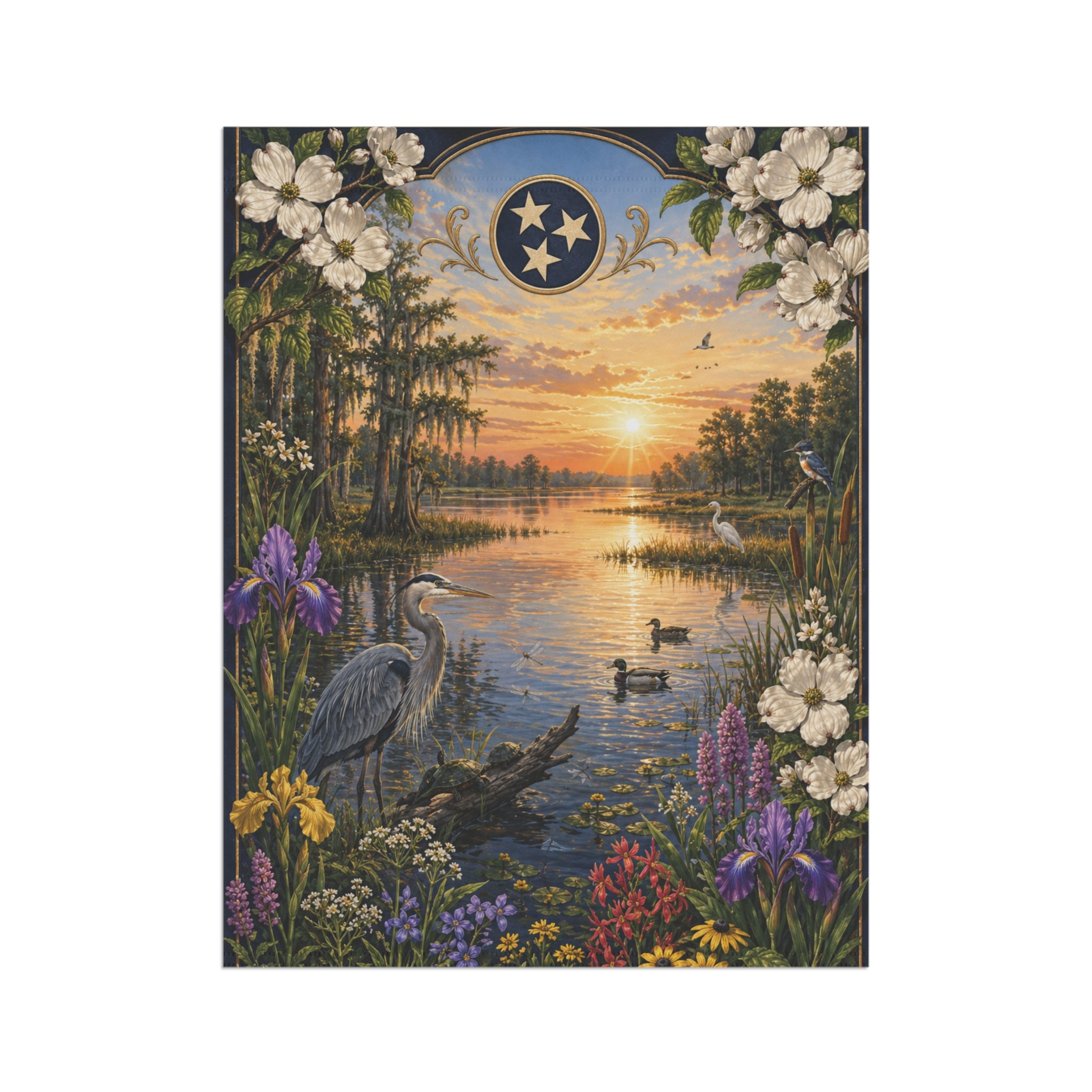Garden Banner - Tranquil Sunrise Lake Scene with Heron & Wildflowers