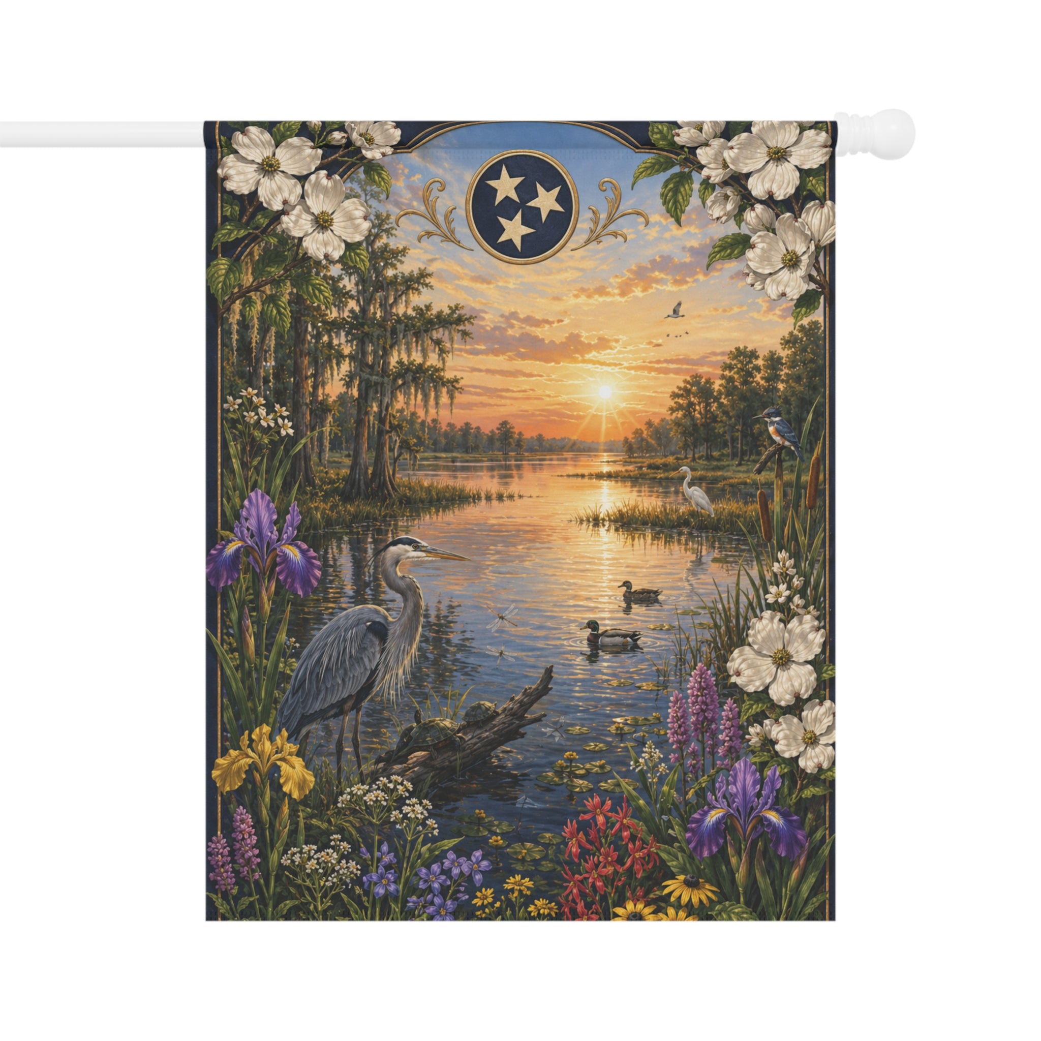 Garden Banner - Tranquil Sunrise Lake Scene with Heron & Wildflowers