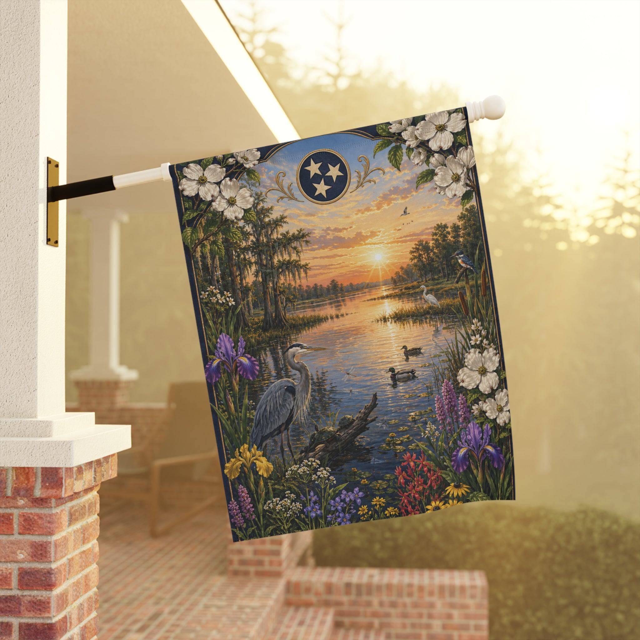 Garden Banner - Tranquil Sunrise Lake Scene with Heron & Wildflowers