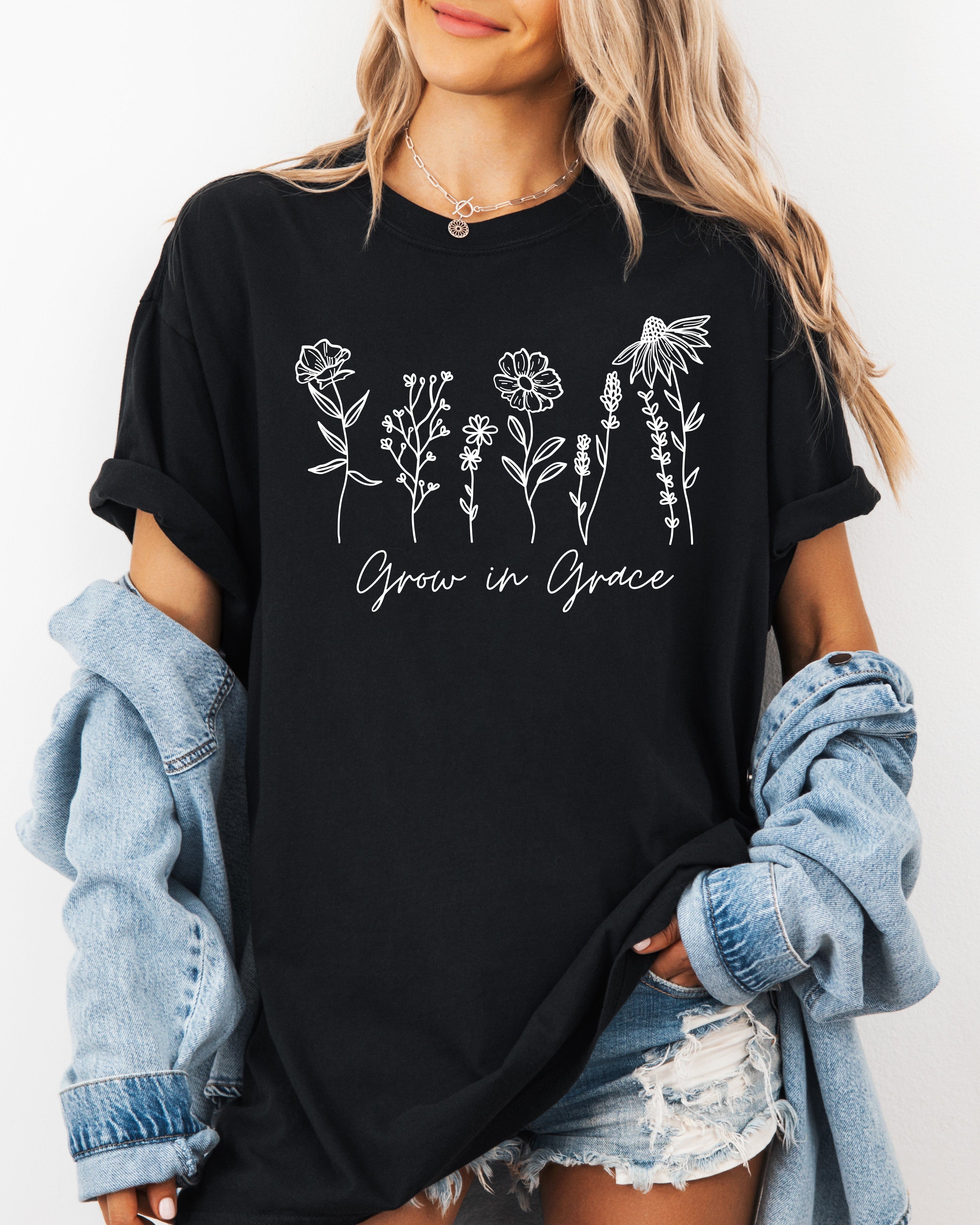 Grow In Grace Comfort Colors Christian & Flower Garment Dyed T Shirt