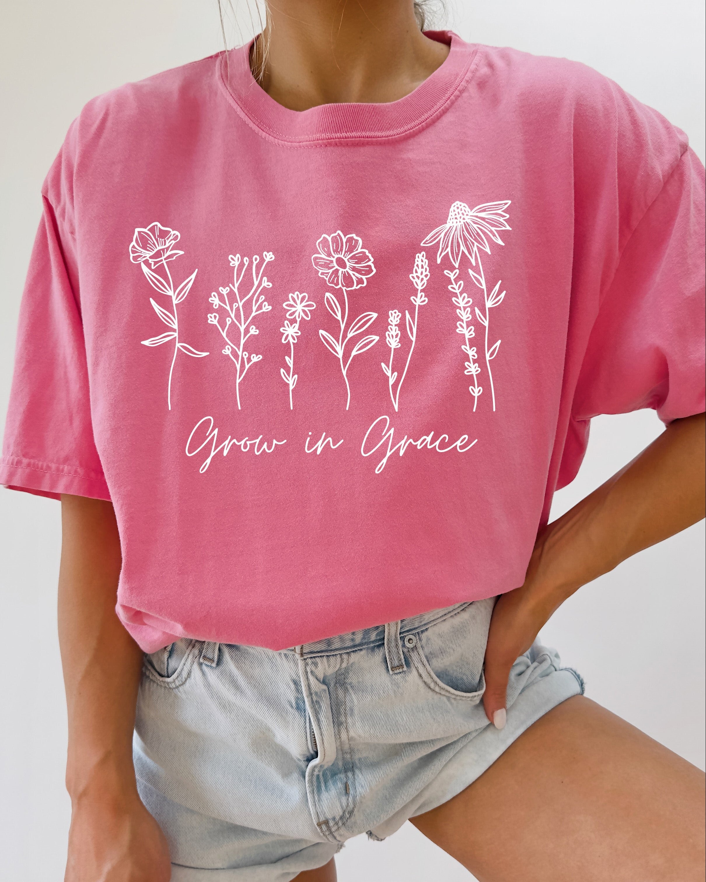 Grow In Grace Comfort Colors Christian & Flower Garment Dyed T Shirt