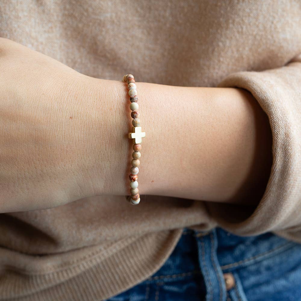 Faith Over Fear Cross Bracelet, 4mm-White Jasper | Christian